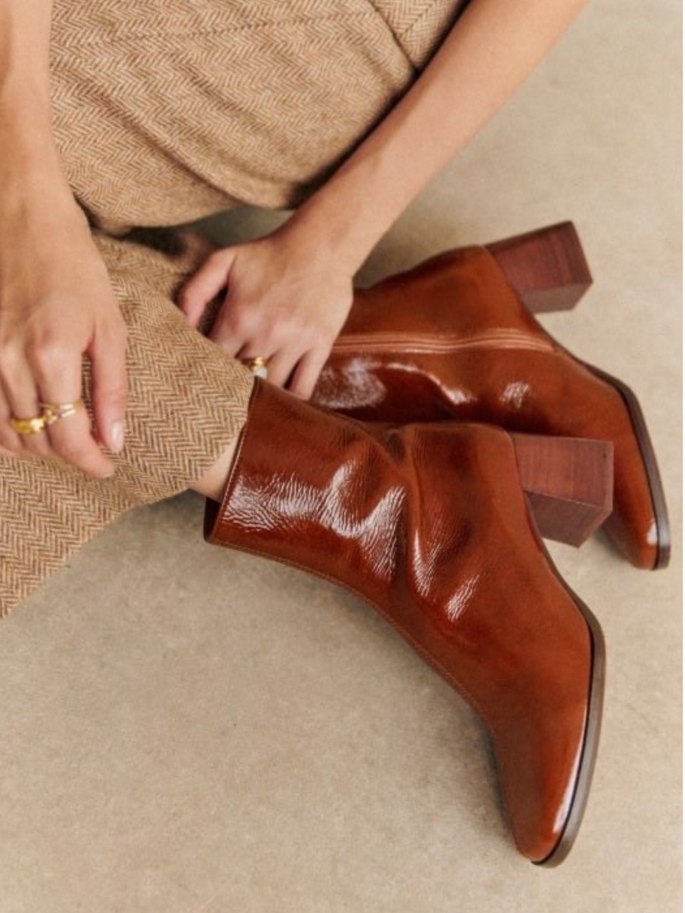 SEZANE Brown Red Camel Glossy Patent Leather Square Toe Axelle Ankle Boots